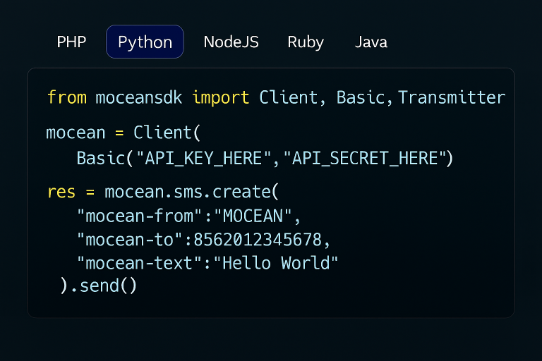 Example Python code using Mocean’s SMS API to send real-time messages