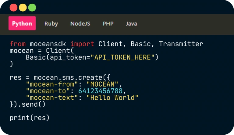 Example Python code using Mocean’s SMS API to send real-time messages